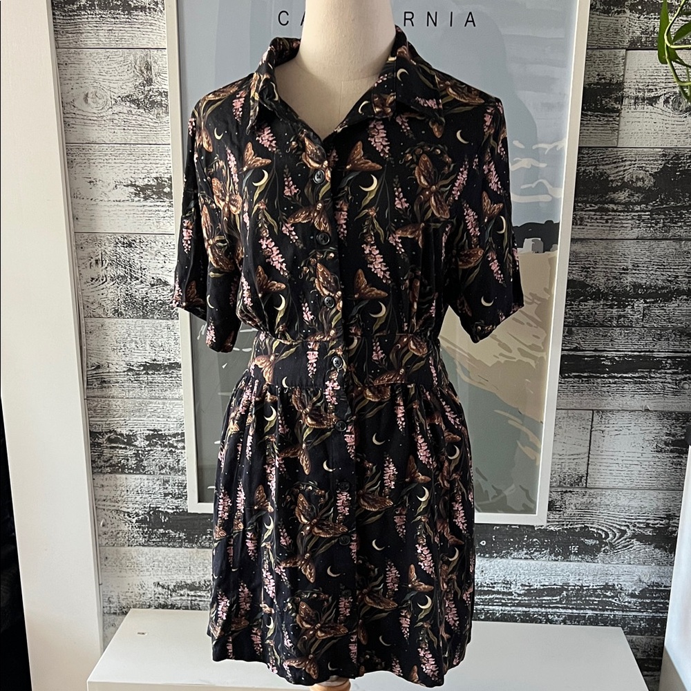 Disturbia Black Moth & Moon Button-Up Dress with back tie. - Picture 2 of 7